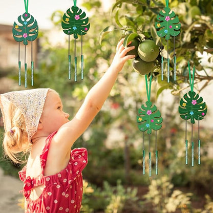 Fennoral 9 Pack Tropical Wind Chime Kit for Kids Make You Own Monstera Leaf Wind Chimes Ornaments DIY Coloring Wooden Art and Craft for Summer Art Activities Aloha Hawaii Tropical Party Decorations