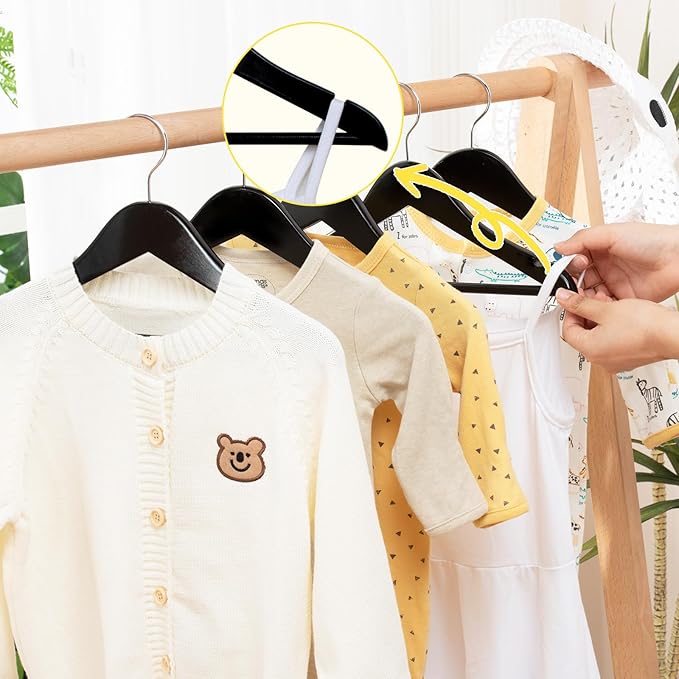 FairyHaus Kids Wooden Hangers 20Pack Black, 12.8 Inch Baby Wooden Hangers for Closet, Anti-Rust 360° Swivel Hook, Notches & Smooth Finish, Natural Solid Wood Childrens Hangers for Clothes