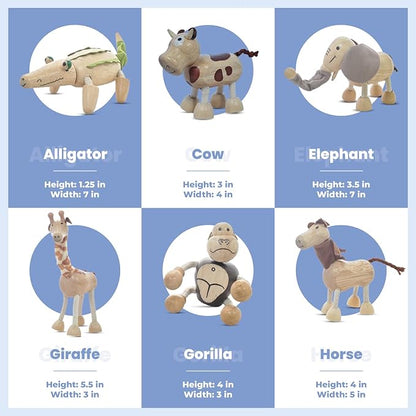 TEKOR Bendable Wooden Animal Toys (Set of 12) | Ages 3 & up | Fun & Posable Animals for Toddlers | Preschool Montessori Toys | Smooth Natural Wood | Endless Play for Girls & Boys
