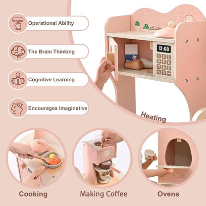 Wooden Play Kitchen Toy Set for Kids, Toddlers Pretend Toy Kitchen Playest, Sink with Faucet, Oven, Microwave, Cookware Accessories & Gifts for Age 1-6