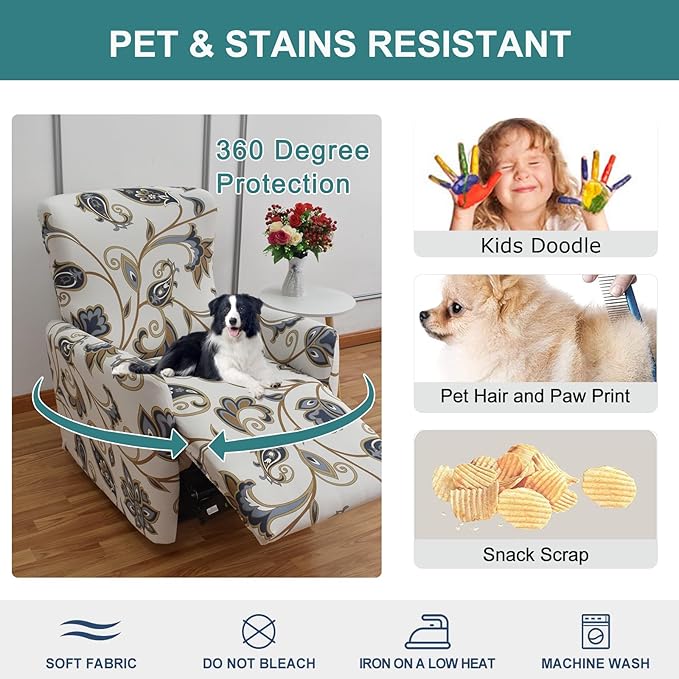 NILUOH Stretch Recliner Cover 4 Pieces Electric Power Lift Recliner Chair Cover Reclining Couch Cover Anti-Slip Fitted Furniture Protector with Side Pocket