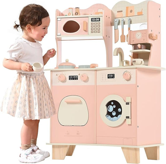 Wooden Play Kitchen Toy Set for Kids, Toddlers Pretend Toy Kitchen Playest, Sink with Faucet, Oven, Microwave, Cookware Accessories & Gifts for Age 1-6