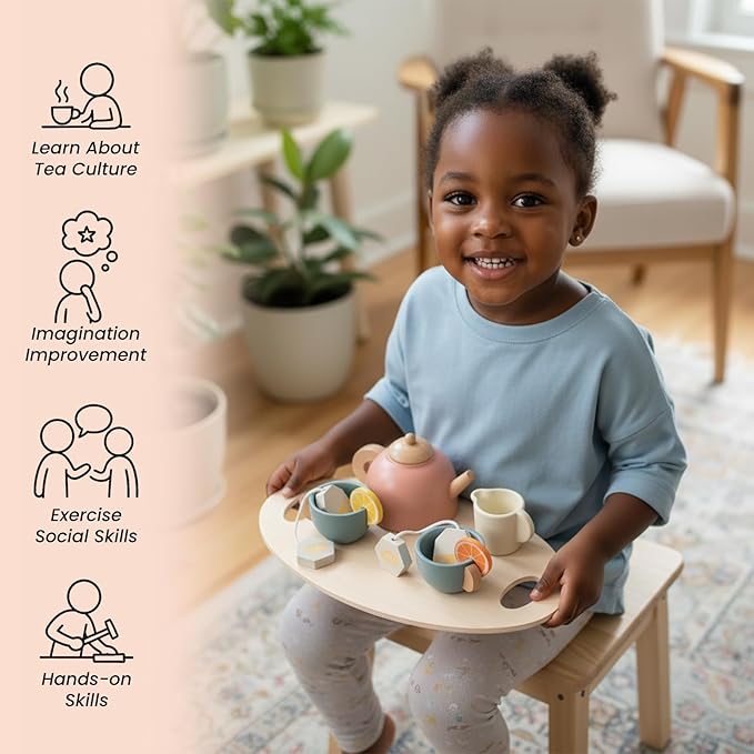 Wooden Tea Sets for Toddlers 3-5, Girl Chrismas Birthday Gift 3 Year Old Princess Party, Wooden Play Food Toy Sets for Kids Kitchen Accessories