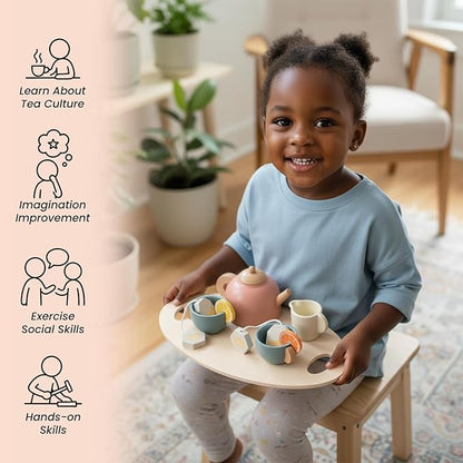 Wooden Tea Sets for Toddlers 3-5, Girl Chrismas Birthday Gift 3 Year Old Princess Party, Wooden Play Food Toy Sets for Kids Kitchen Accessories