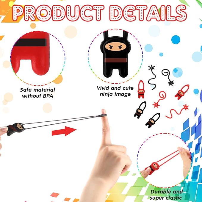 HyDren 109 Pcs Ninja Party Favors for 18 People Include Ninja Slingshot Sticky Stretch Ninja Toys Rubber Keychains Silicone Wristband Ninja Stickers Organza Bag Thank Tags for Birthday Party