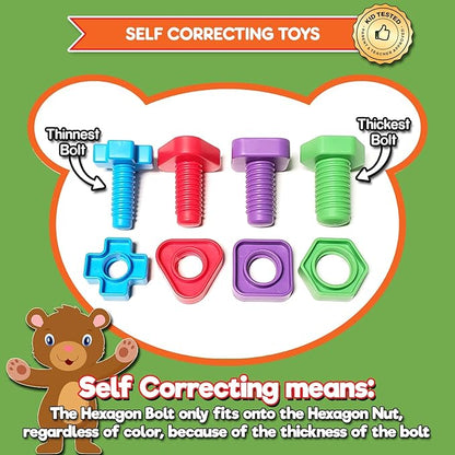Jumbo Nuts and Bolts For Toddlers - Fine Motor Skills Rainbow Matching Game Montessori Toys For Toddlers & Toddler Games | 12 pc Occupational Therapy Educational Toys with Toy Storage + eBook