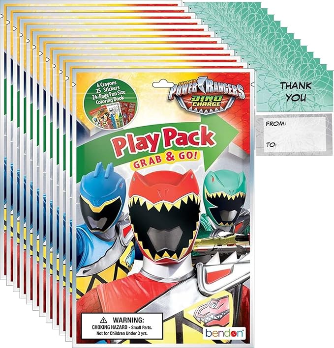 Bendon Power Rangers Grab n Go Play Packs (12 Pack) Party Favors and 12 "Thank You Cards