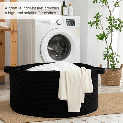 OIAHOMY 105L Blanket Basket for Living Room, Large Basket 23.6" x 23.6" x 14.6" with Handle, Laundry Hamper for Blankets, Pillows, Toy Storage for Kids, Dogs - Black