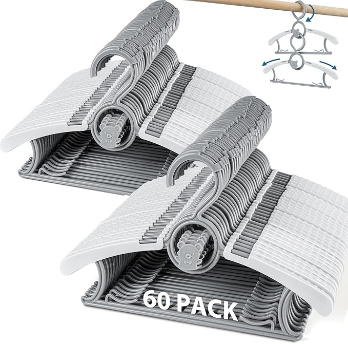 Baby Hangers 60 Pack Kids Hangers-Extendable Adjustable Non-Slip Plastic Kid Hangers for Closet，Stackable Baby Clothes Hangers for Toddler Kids Children Infant Teen,Grey Bear Toddler Hangers