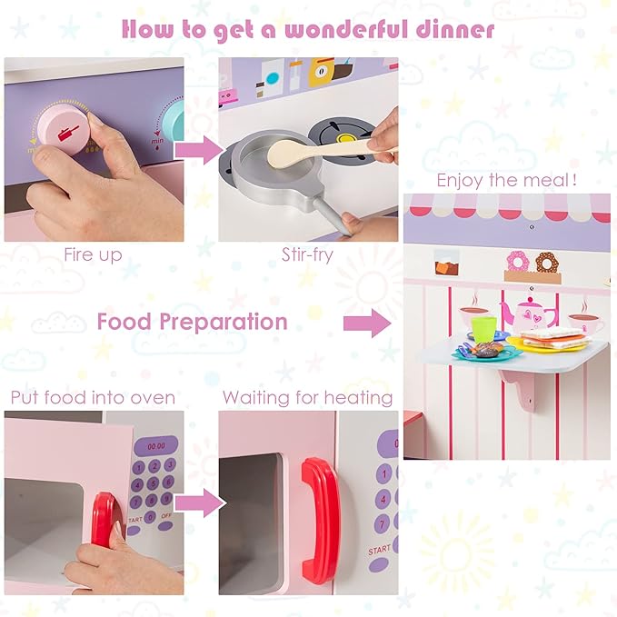 HONEY JOY Pink Kids Kitchen Playset, Double Side Little Chef Play Kitchen for Toddler & Cafe Shop, Cooking Utensil, Microwave, Storage Cabinet, Wooden Pretend Play Toy Kitchen Set, Gift for Boys Girls