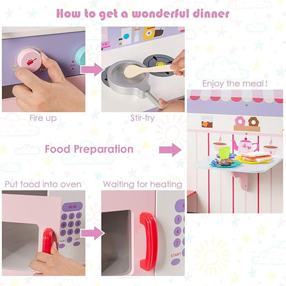 HONEY JOY Pink Kids Kitchen Playset, Double Side Little Chef Play Kitchen for Toddler & Cafe Shop, Cooking Utensil, Microwave, Storage Cabinet, Wooden Pretend Play Toy Kitchen Set, Gift for Boys Girls
