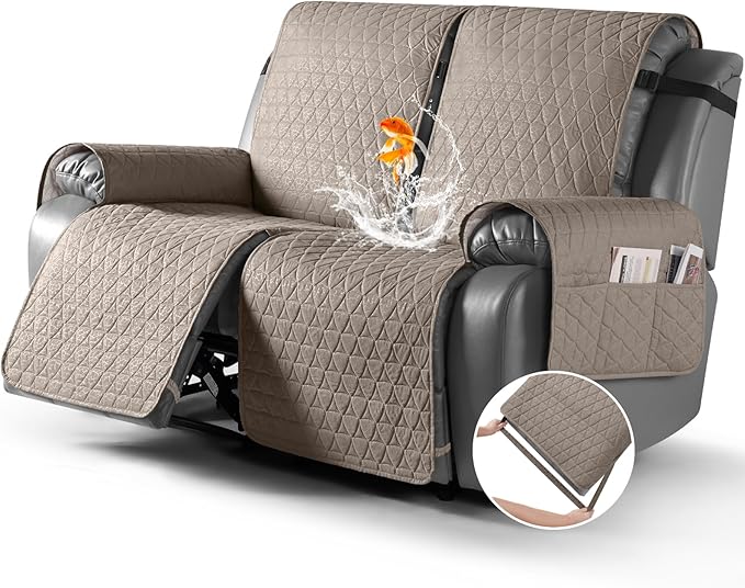 TAOCOCO 100% Waterproof Loveseat Recliner Cover-Recliner Cover with Non-Slip Granule, Recliner Chair Covers with Elastic Band,Washable Recliner Chair/Furniture Protector for Pets(Taupe, 2 Seater)