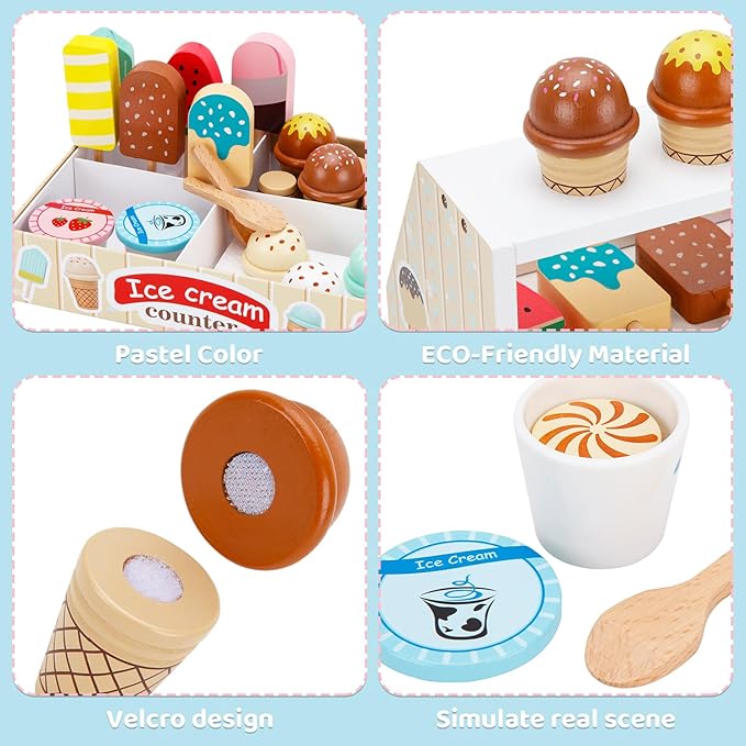 Wooden Ice Cream Toys for Kids Ice Cream Counter Shop for Toddlers Pretend Play Food Scoop and Serve with Scoop & Menu & Fake Money for Boys and Girls Ages 3 4 5 6.