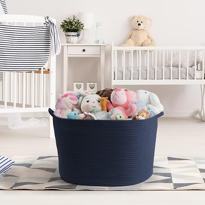 Extra Large Blanket Basket, Maliton Cotton Rope Bin for Toys, Woven Laundry Hamper with Handles, Decorative Storage for Living Room, Bedroom, Kids Room, Bathroom, 22" x 22" x 14", Blue