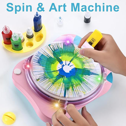 Paint Spin Art Machine Kit for Kids Stress Reducing Toys for Pink Arts and Crafts Set Gifts with Light & Music for Boys & Girls Ages 4 5 6 8 9 10 12 Flexible Splatter Guard,Easy to Wash