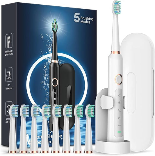 Rtauys M5 Sonic Electric Toothbrush for Adults - Rechargeable Electric Toothbrushes with 8 Brush Heads & Travel Case,Power Electric Toothbrush with Holder, 3 Hours Charge for 120 Days - White