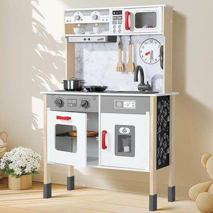 Play Kitchen Wooden Kids Kitchen Playset Pretending Toys for Toddlers with Real Lights & Sounds, 3 Heights Adjustable, Chalkboard, 35Pcs Toy Food & Cookware Accessories-Gray