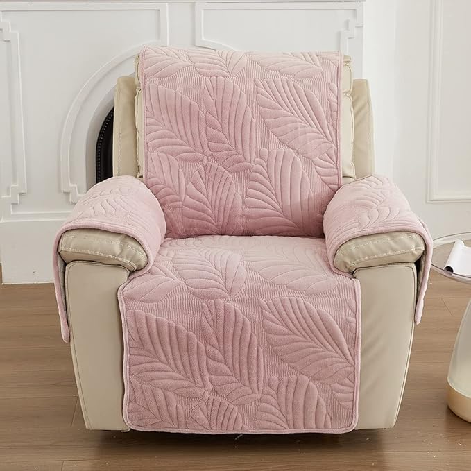 vctops Palm Leaves Velvet Plush Quilted Recliner Chair Cover Anti-Slip Super Soft Furniture Protector with Elastic Straps for Kids, Dogs, Pets, Pink
