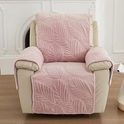 vctops Palm Leaves Velvet Plush Quilted Recliner Chair Cover Anti-Slip Super Soft Furniture Protector with Elastic Straps for Kids, Dogs, Pets, Pink