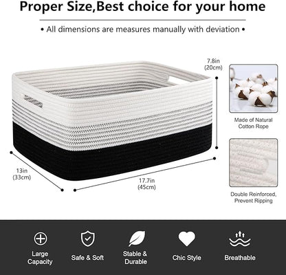 OIASKET Large Storage Basket for Organizing, Woven Rope Basket for Shelves, Closet Organizer Bins for Clothes, Blanket, Toys, Baby Nursery Storage, 17.7" x 13" x 7.87", 2 Packs Gradient Black