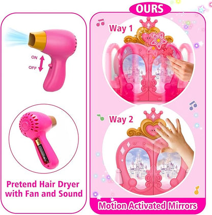 AugToy Toddler Vanity Magic Makeup Set Table and Chair Girl Toy Automatically Mirror with Music Light Pink Toys Girls Hair Salon Pretend Play Princess Dress Up Playset Gift Toddler
