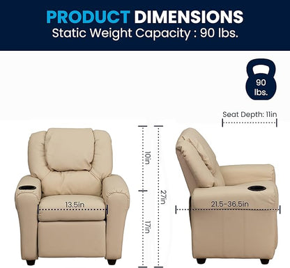 Flash Furniture Vana Vinyl Kids Recliner with Cup Holder, Headrest, and Safety Recline, Contemporary Reclining Chair for Kids, Supports up to 90 lbs., Beige