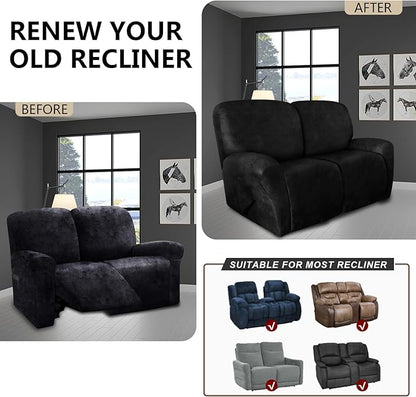 molasofa Loveseat Recliner Slipcover - 6 Pieces Stretch Leather Like Recliner Sofa Cover for 2 Seat Dual Reclining Loveseat Couch Furniture Protector with Elastic Bottom (Black)