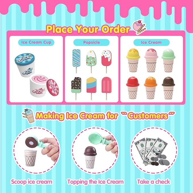 Ice Cream Toys, Wooden Ice Cream Play Set, Pretend Play Toys, 47 Pcs Wooden Play Kitchen Accessories with Menu & Scoop & Menu & Fake Money, Ice Cream Toys for Toddlers 3 4 5 6 Girls Boys Birthday