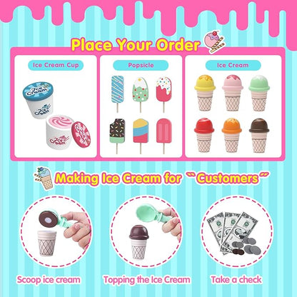 Ice Cream Toys, Wooden Ice Cream Play Set, Pretend Play Toys, 47 Pcs Wooden Play Kitchen Accessories with Menu & Scoop & Menu & Fake Money, Ice Cream Toys for Toddlers 3 4 5 6 Girls Boys Birthday