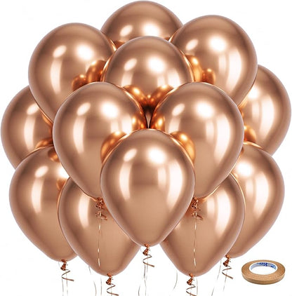 Bezente Rose Gold Metallic Chrome Balloons, 100 Pack 12 inch Rose Gold Latex Round Helium Balloons for Wedding Anniversary Bridal Shower Birthday Party Decorations