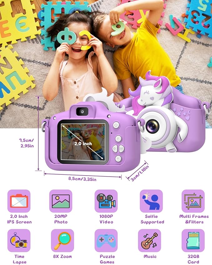 Kids Camera for 3-8 Years Old Toddlers Childrens Boys Girls Selfie Camera 20.0 MP HD 1080P IPS Screen Dual Digital Toy Camera for Kids Christmas Birthday Gifts