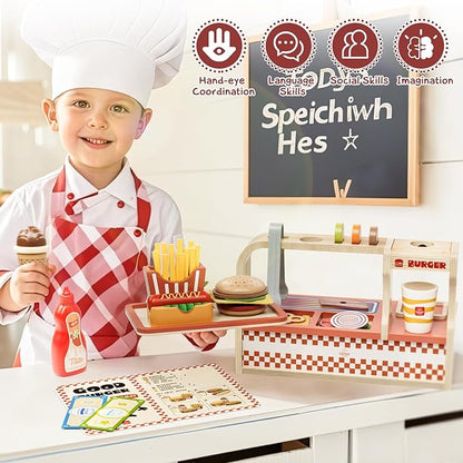 Lehoo Castle Wooden Play Food Sets, Toy Food for Kids Ages 4-8, Play Food Sets for Kids Kitchen, Play Hamburger Counter Shop, Fake Food Pretend Play for Toddlers 3-5