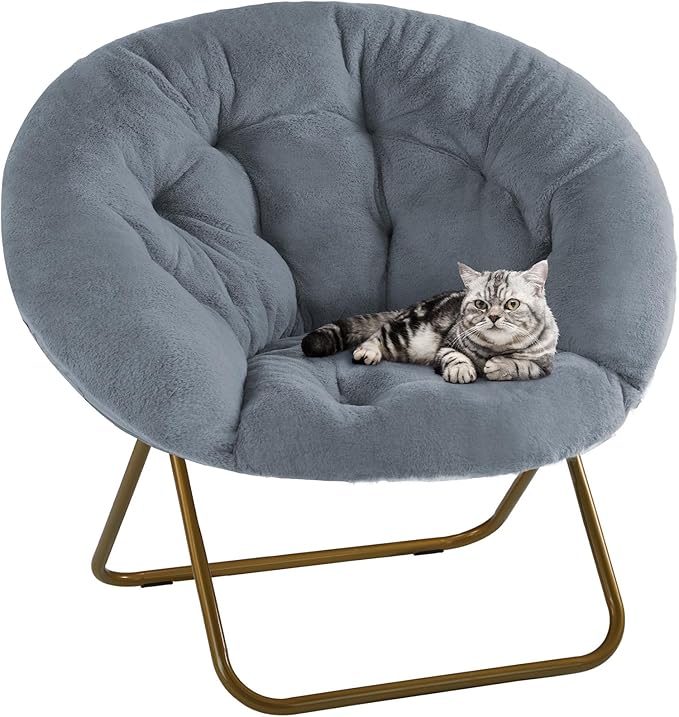 DUMOS Comfy Saucer Chairs, Faux Fur Lounge Bedroom Living Room Flexible Folding Seating for Kids Adults Soft Padded Metal Frame Modern for Home Office Grey