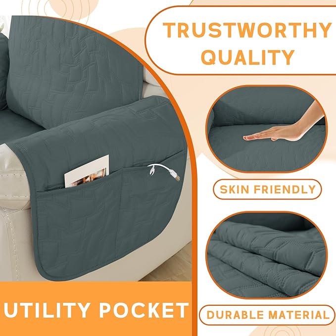 XINEAGE 100% Waterproof Recliner Chair Covers with Elastic Straps, Nonslip Reclining Couch Covers Washable Recliner Couch Cover with Pockets Furniture Protector for Pets Dogs (Dark Gray, 25")