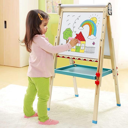 Children's Art Easel with Paper Roll,Double-Sided Whiteboard&Chalkboard,Adjustable Magnetic Standing Easel with Numbers and Other Accessories,Painting Easel for Girls Boys