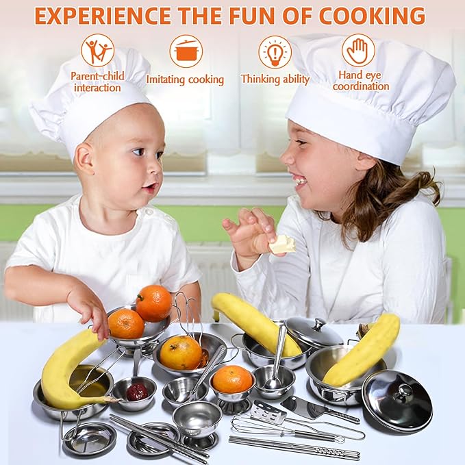 Tiny Classic Stainless Steel Kitchen Toys Cooking Utensils Set-Pretend Play Pots Pans Toy Cookware Kits for Kids Cooking Utensil Set Interactive Learning Role Play Educational Toys for Kids Mini Size