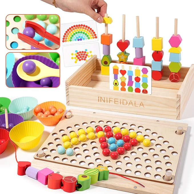 INIFEIDALA Toddler Learning Montessori Toys for 3 4 5 6 Year Old,Rainbow Stacking & Lacing Beads & Matching Shape Stacker - Wooden Peg Board Beads Sequencing Toy Set - Fine Motor Skills Toys