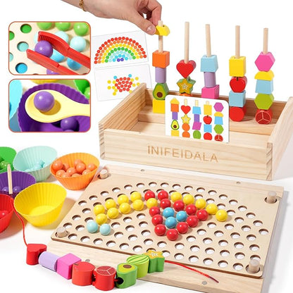 INIFEIDALA Toddler Learning Montessori Toys for 3 4 5 6 Year Old,Rainbow Stacking & Lacing Beads & Matching Shape Stacker - Wooden Peg Board Beads Sequencing Toy Set - Fine Motor Skills Toys