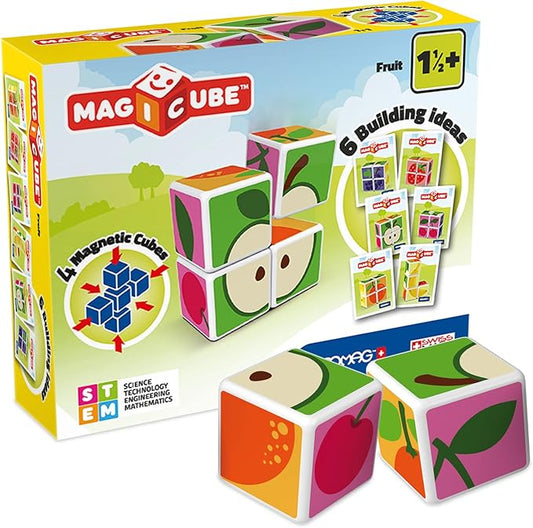GEOMAG MagiCube Fruit 4-Piece Magnetic Cubes Building Set, Toddlers & Kids Ages 1.5+, STEM-Endorsed Educational Toy, Swiss-Made, Creativity & Early Learning Fun, 6 Adorable Building Ideas