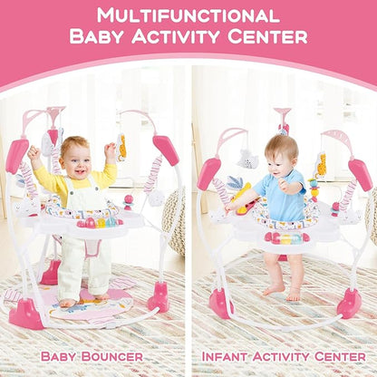 INFANS Baby Activity Center, 3 in 1 Play Center Jumpers and Bouncers with Music, Lights, Interactive Toys, 360°Rotating Seat, 3 Adjustable Heights, Exersaucer Learning Toys for Baby 6-12 Months (Pink)