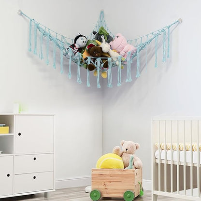 Boho Stuffed Animals Net or Hammock Large,55 inch Toy Hammock Macrame Stuff Animal Storage Corner Hanging Net Holder,Mesh Hammock Plush Toy Organizer with Hooks for Bedroom,Nursery (pale blue)