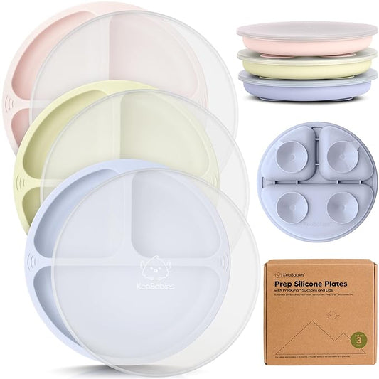 KeaBabies Suction Plates with Lids for Baby - 3-Pack 100% Silicone Suction Plates for Baby, Kids,Toddler Plates,Divided Baby Plates with Suction,Lids, BPA-Free, Microwave, Dishwasher Safe (Rain)