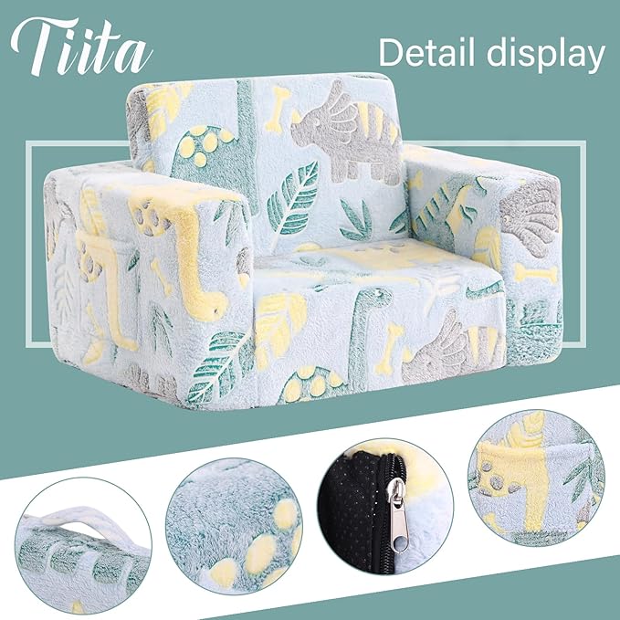 Tiita Kids Sofa, 2-in-1 Kids Sofa Chair, Convertible Children Couch to Lounger, Flip Out Kids Sofa Chair, Glow in The Dark Toddler Armrest Chair Bed for Girl or Boy (Grey Dinosaur)