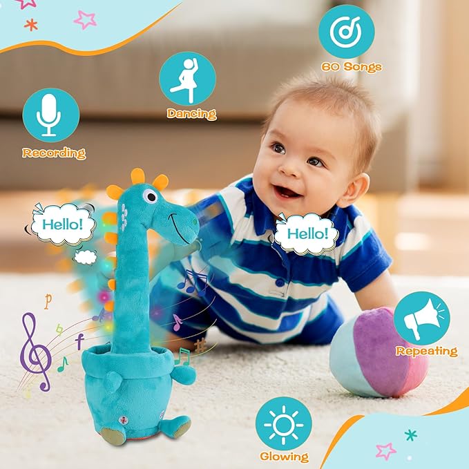Dancing Talking Giraffe Toy, Stuffed Animal Baby Toy Repeating What You Say, Glowing Musical Electronic Giraffe Gifts for Toddlers 1-3 Years Old (Dancing Dinosaur)