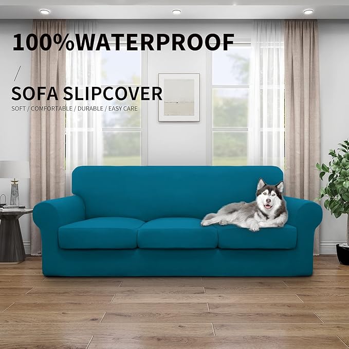 Easy-Going 100% Dual Waterproof Oversized Cover Stretch Soft Couch Cover for Dogs, Sofa Slipcover for 3 Separate Cushion Couch Leakproof Furniture Protector for Kids, Pets Peacock Blue