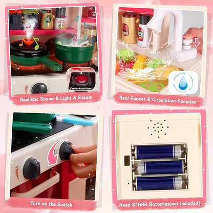 Kids Kitchen Playset, Easface Play Kitchen for Toddlers 1-3 with Sound and Light, Cooking Stove with Steam, Play Sink and Toy Kitchen Accessories Pretend Kitchen Toys for Girls Boys 3-5 (Red)