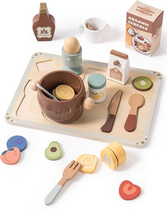 ROBOTIME Play Food Sets for Kids Kitchen, Wooden Food Toys Play Kitchen Accessories, 30+ Pieces Breakfast Set, Montessori Pretend Play Kitchen Toys, Gift for Boys & Girls Ages 3-6