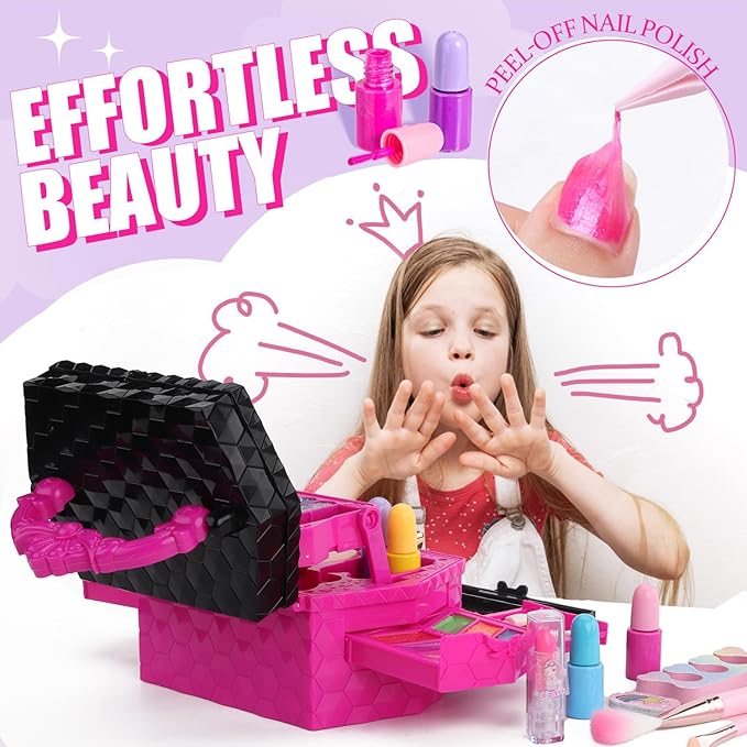 Birthday Gifts Kids Makeup Kit for Girl, Princess Toys Real Washable Cosmetic Set with Mirror, Kids Makeup Sets for Girls, Make Up Gifts for 3 4 5 6 7 8 9 10 11 12 Years Old Kid