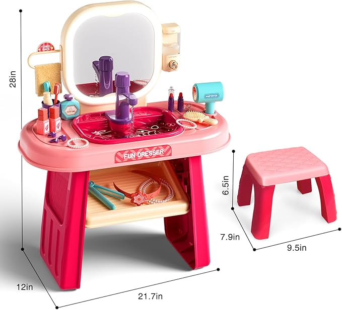 Pretend Play Girls Makeup Table Set with Stool,Kids Vanity Set with LED Lighted Mirror and Music，Toddler Beauty Salon Set with Makeup Accessories & Washbasin,Girls Vanity for Toddlers 3-5 Years Old