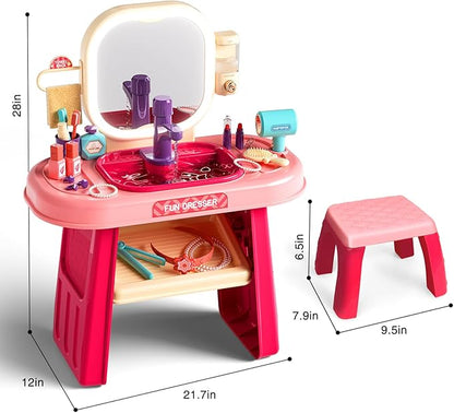 Pretend Play Girls Makeup Table Set with Stool,Kids Vanity Set with LED Lighted Mirror and Music，Toddler Beauty Salon Set with Makeup Accessories & Washbasin,Girls Vanity for Toddlers 3-5 Years Old
